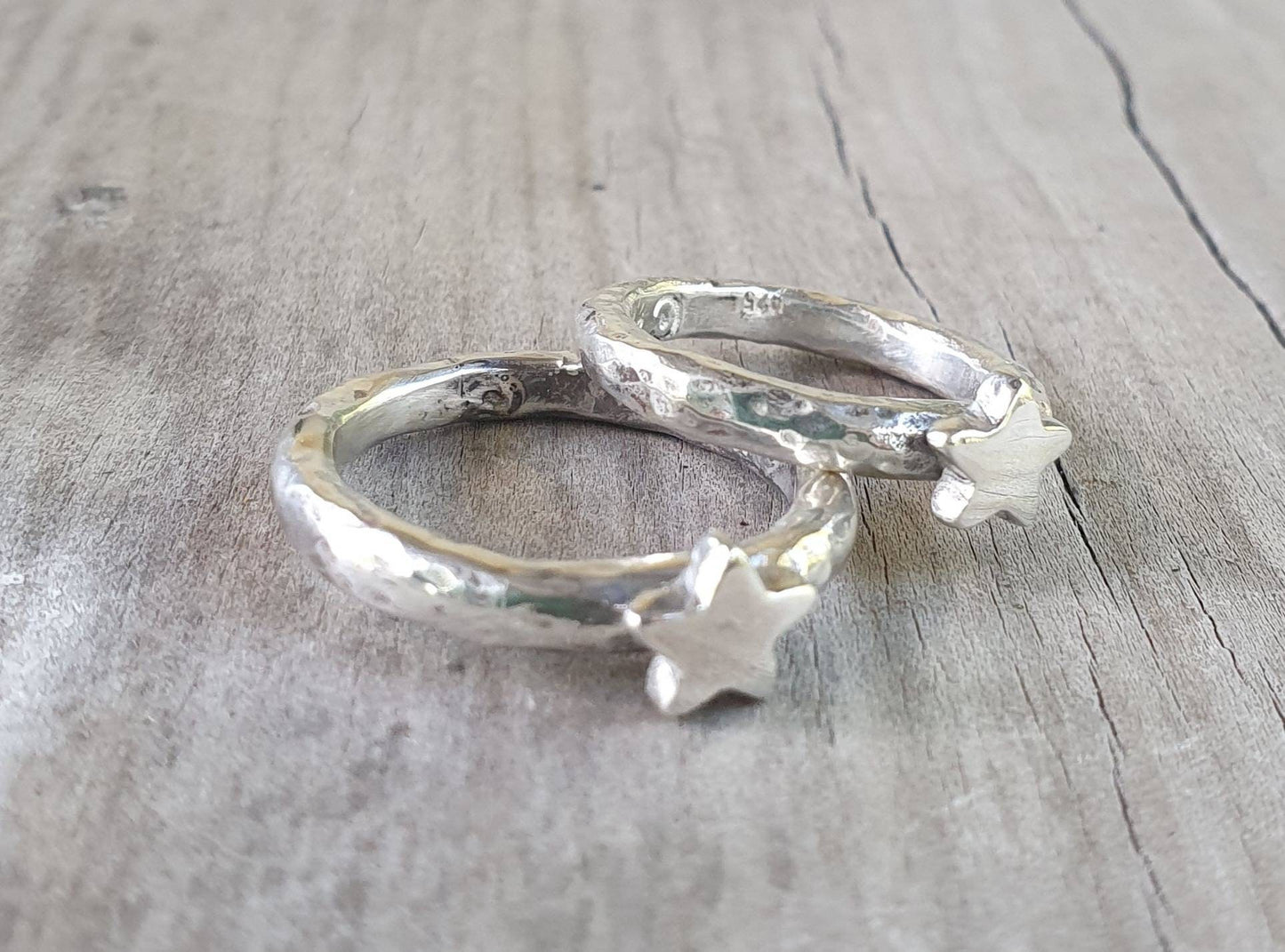 Star ring,hammered sterling silver,2 x stacker rings,chunky beaten band,handmade,boho,goddess,round wedding band,thick silver ring,