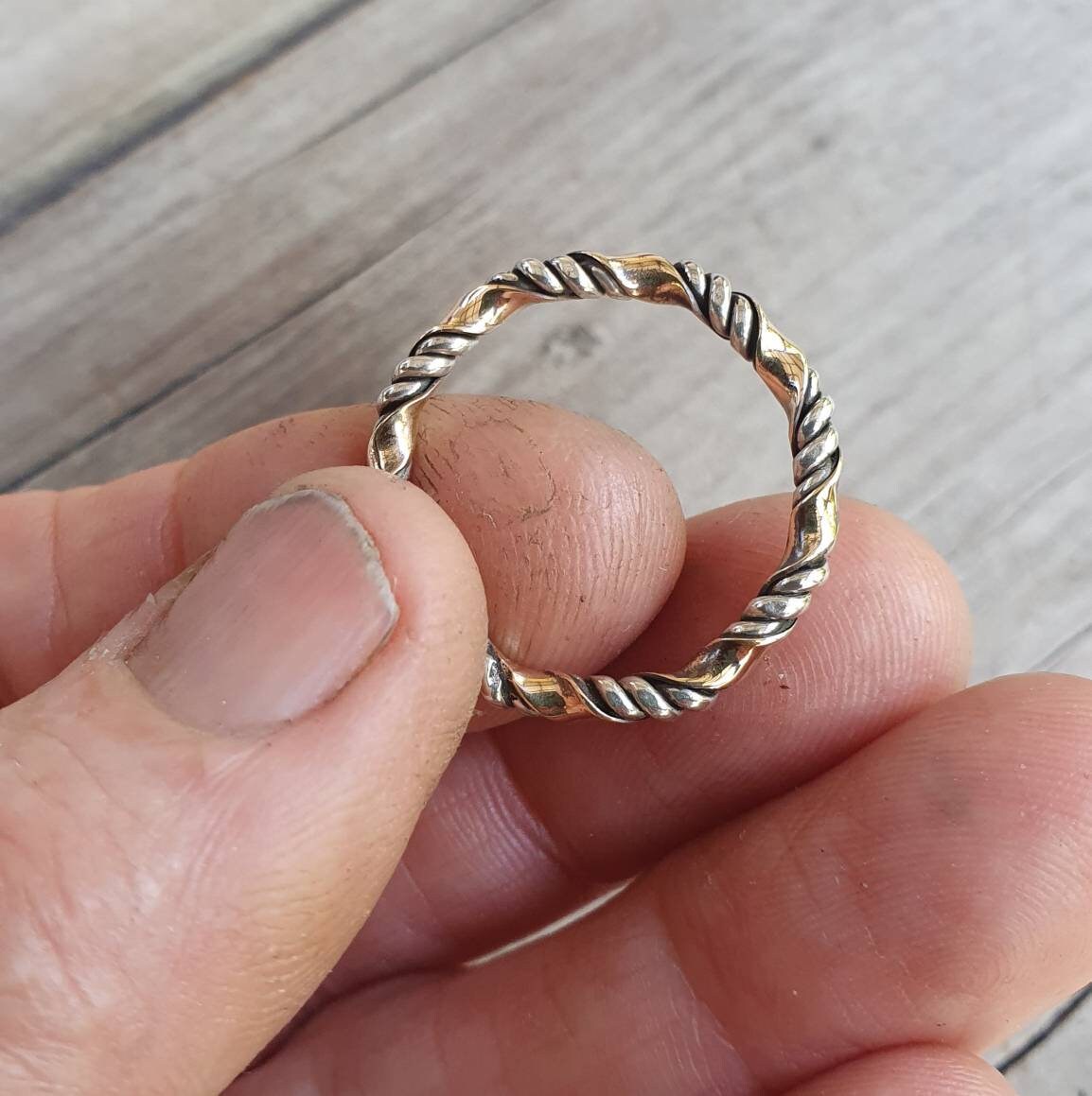 gold twisted ring,two tone,9k gold & sterling silver,handmade,woven, twisted wire ring,mixed metals, Stackerable ring,thin gold band,fine