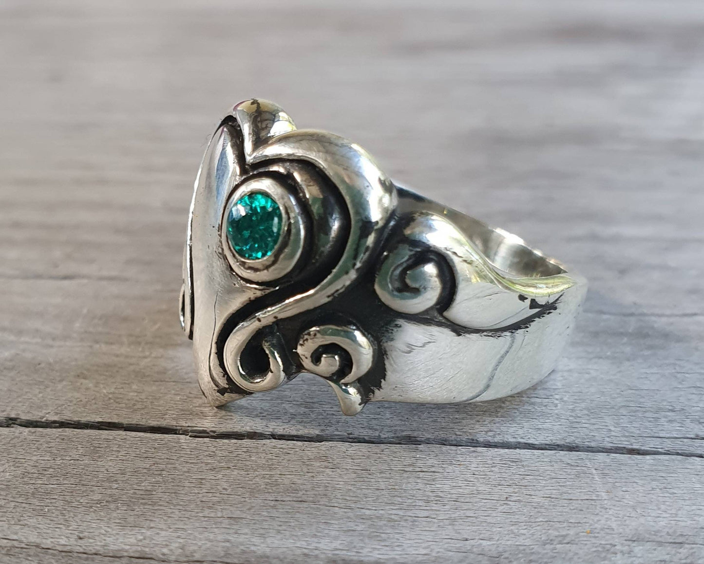 heart ring,chunky,Sterling silver,large long ring,cubic zirconia,vintage steampunk,signet,art nouveau,handmade,boho,hipster,goddess,scroll,