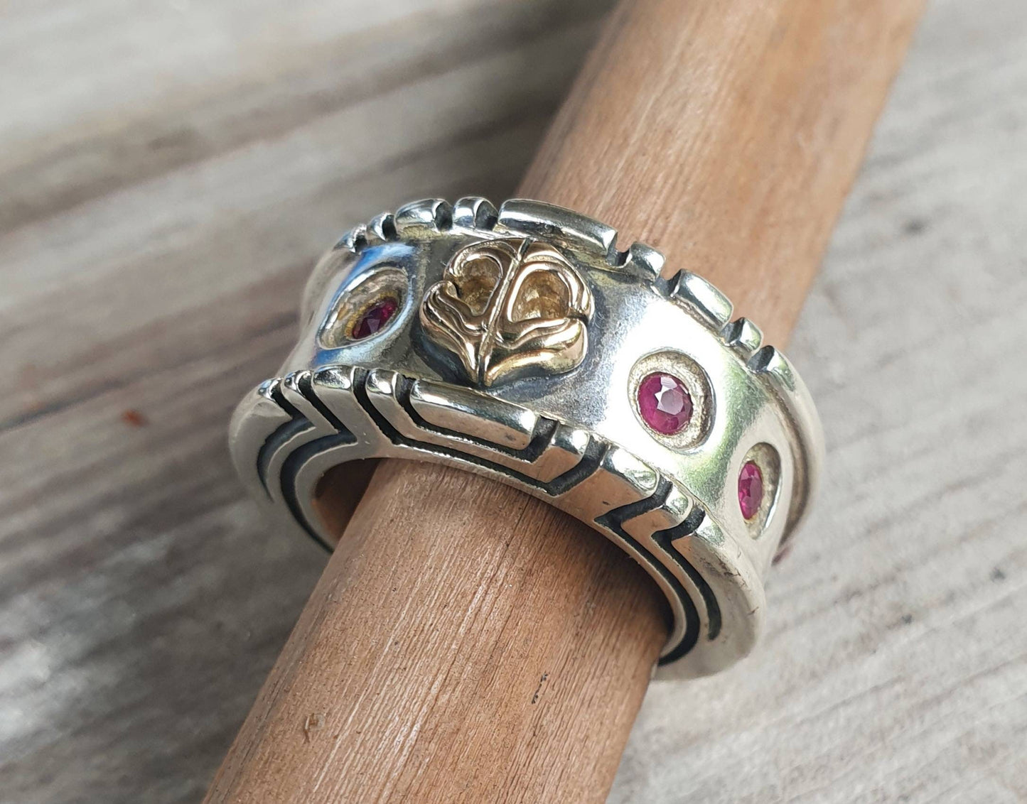Anchor ring,10k gold anchor,rubies in sterling silver ring,chunky,two tone anchor, ruby,nautical ring,handmade, pirate,sailor,marine,surfer,