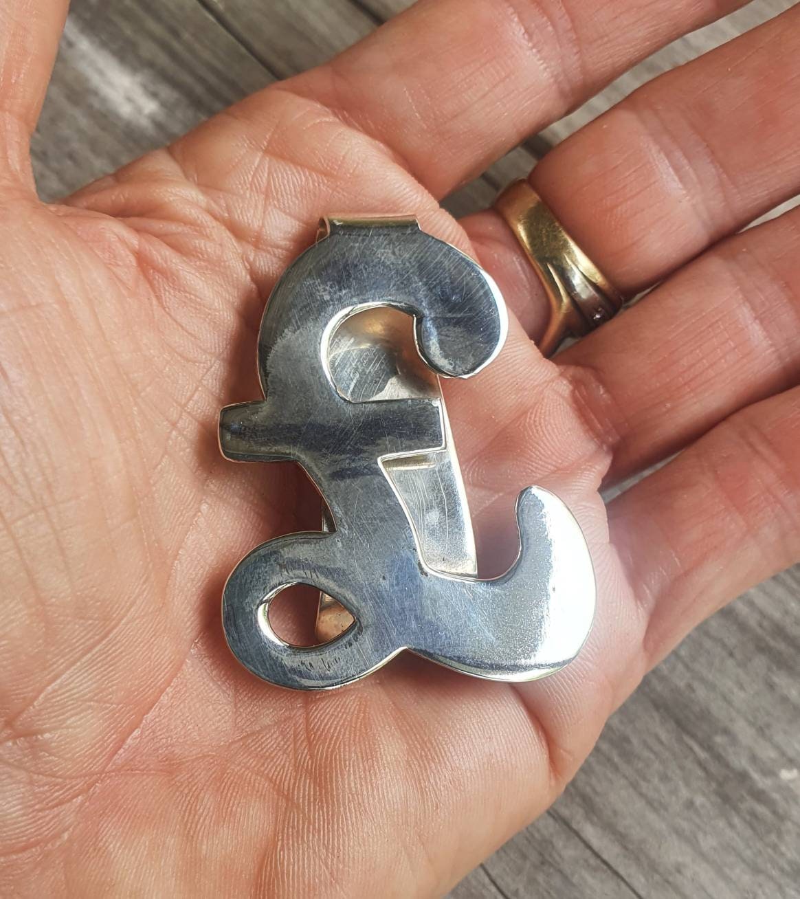money clip,large pound symbol,solid sterling silver,handmade jewelry,UK pound symbol sign money clip,