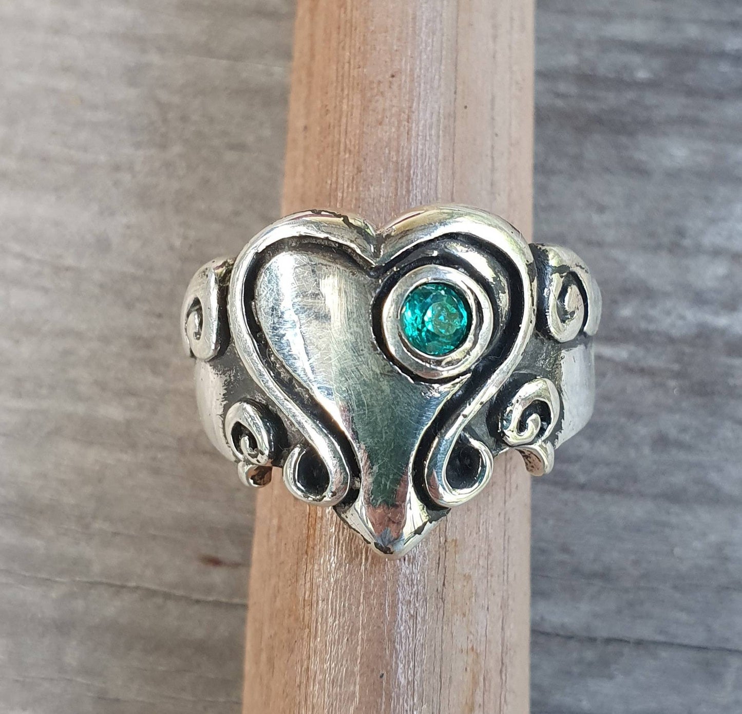 heart ring,chunky,Sterling silver,large long ring,cubic zirconia,vintage steampunk,signet,art nouveau,handmade,boho,hipster,goddess,scroll,