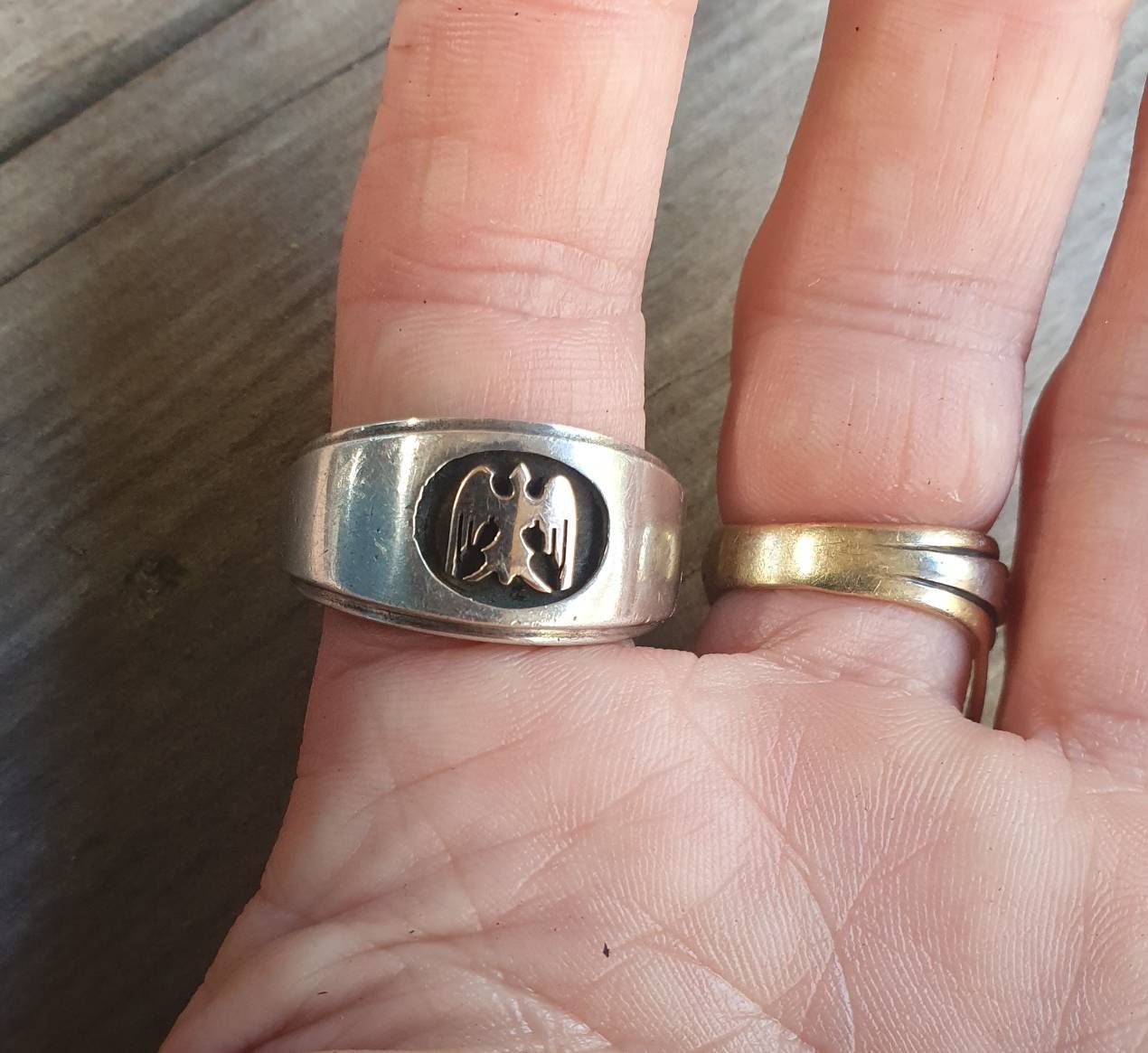 eagle ring,phoenix,two tone,10kgold and sterling silver,gold eagle,mans dress wedding ring,steampunk,