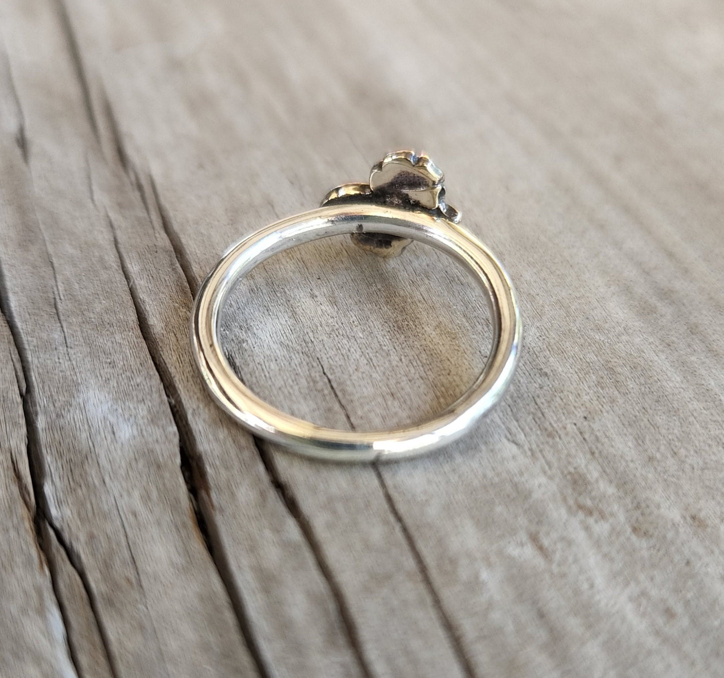 Two tone flower stacking ring solid 9k gold and sterling silver thin 9ct gold mixed metal stacker band stackable