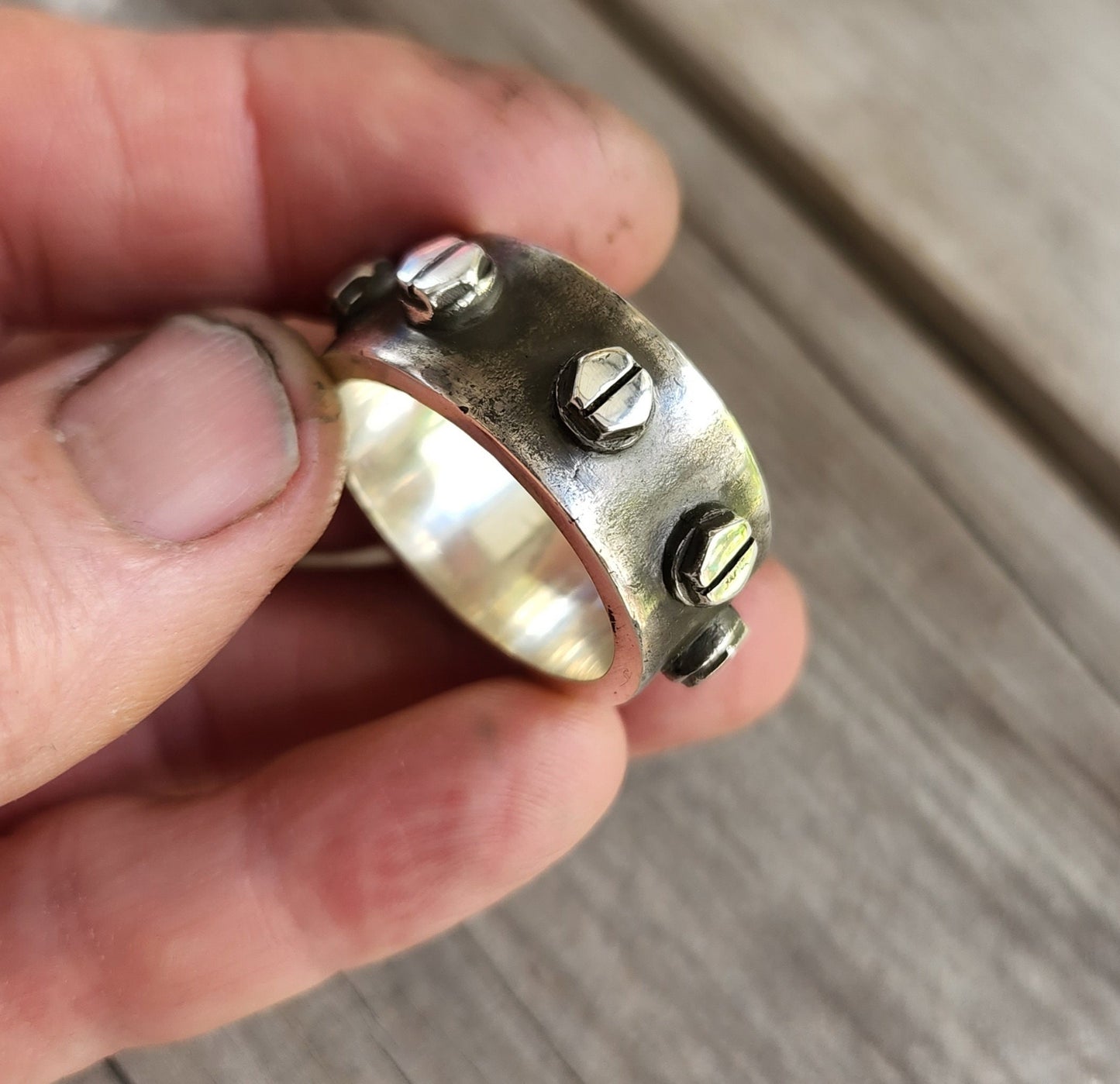 Chunky silver ring,solid sterling silver,Rustic mechanical,screws,heavy,industrial steampunk,nugget,men's fashion,handmade,rockabilly