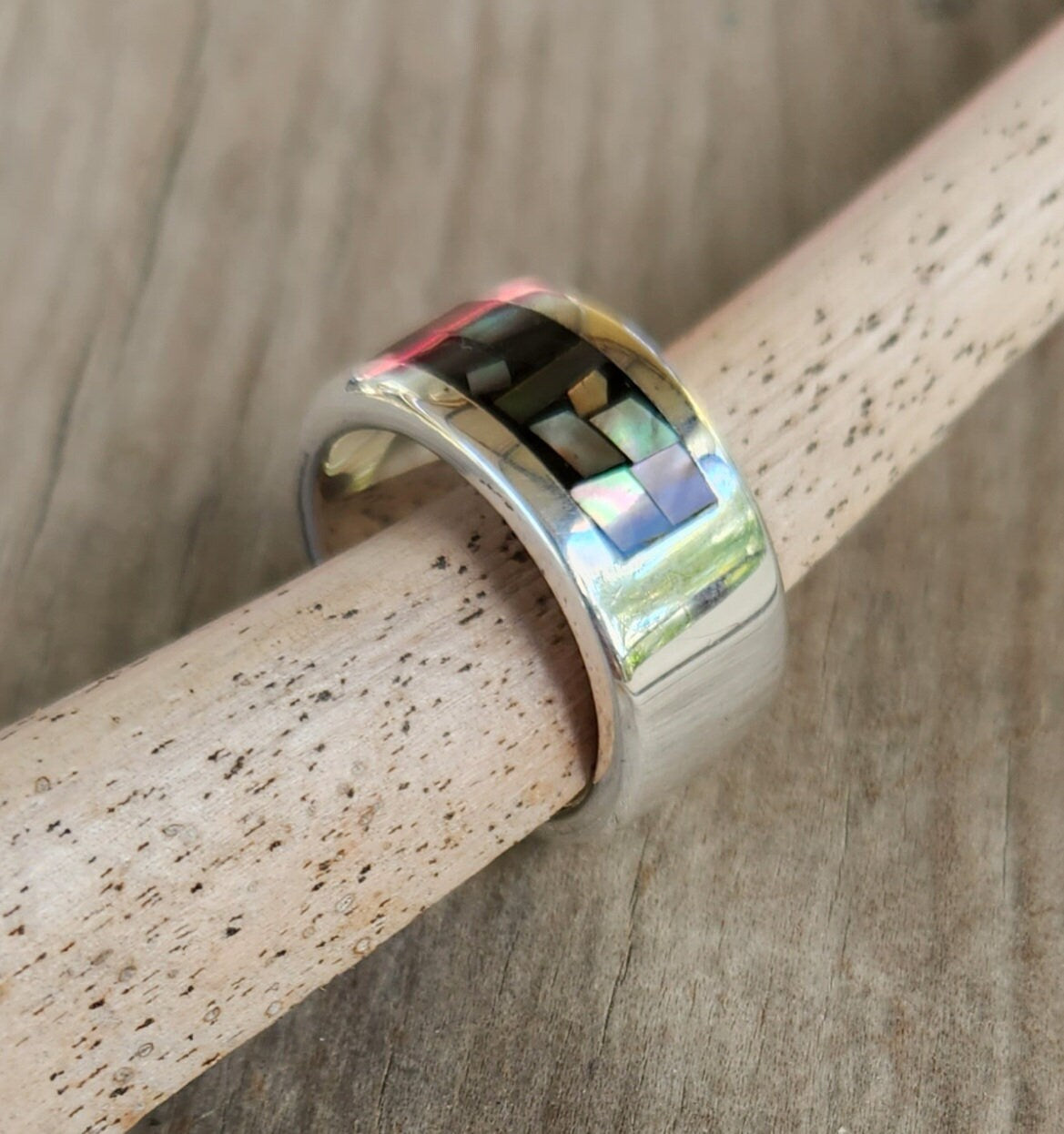 Silver mosaic ring,shell inlay,sterling silver,mother of pearl and oyster shell inlay,boho, goddess ring,new age,shell band,ring,gypsy,