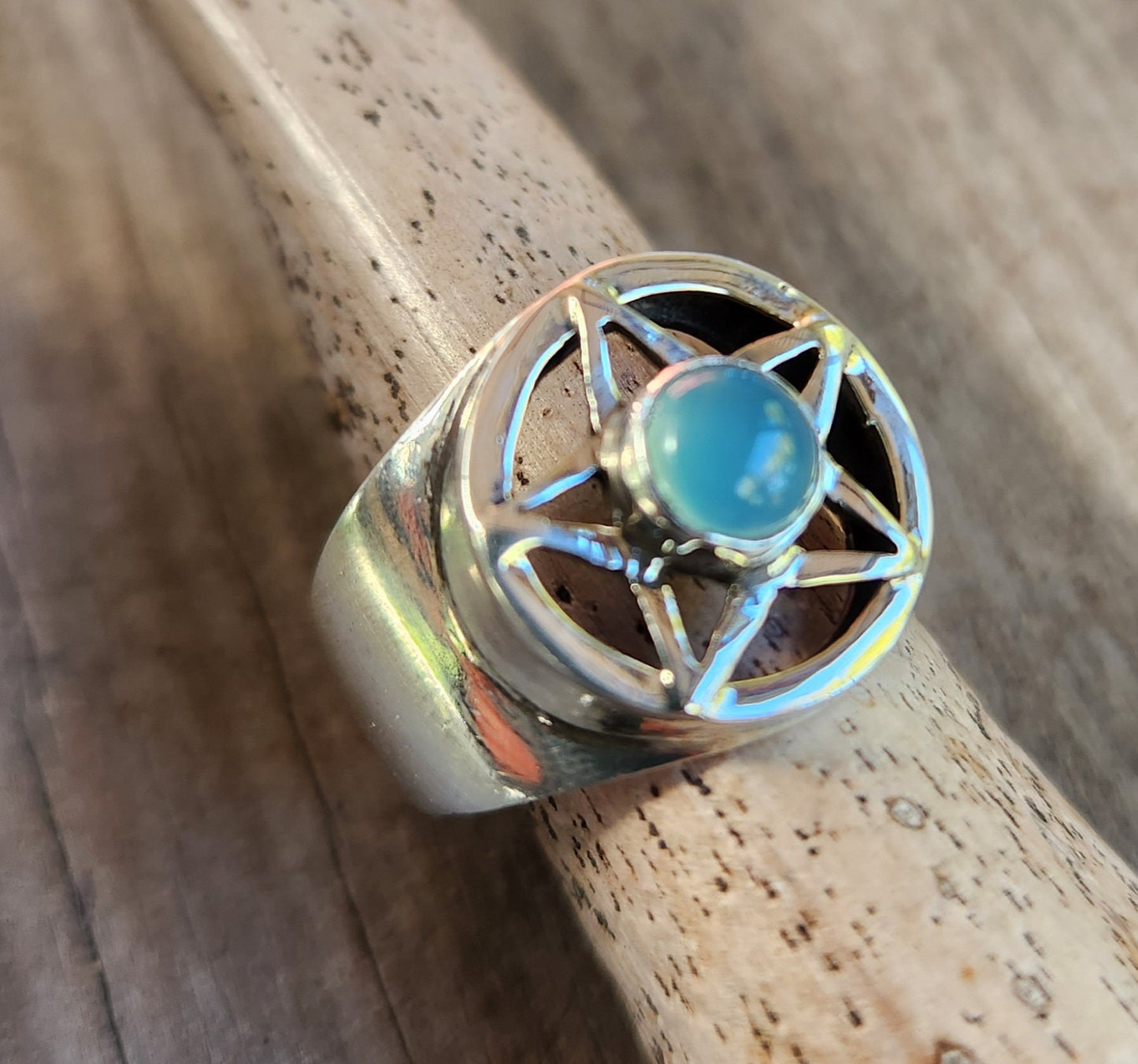 Pentagram ring,sterling silver,blue chalcedony star,occult,wiccan,witch,wizard,magic,binding,druid,boho,goth,handmade,