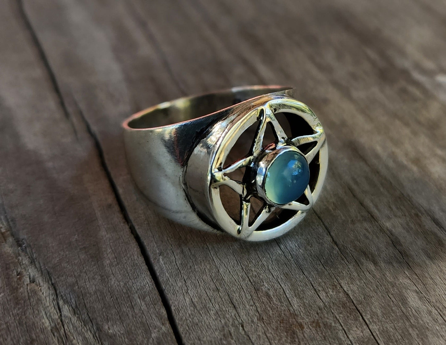 Pentagram ring,sterling silver,blue chalcedony star,occult,wiccan,witch,wizard,magic,binding,druid,boho,goth,handmade,