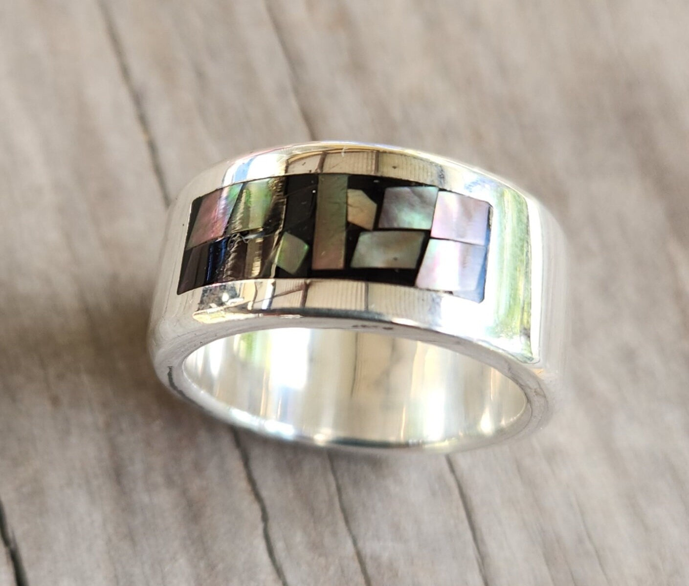 Silver mosaic ring,shell inlay,sterling silver,mother of pearl and oyster shell inlay,boho, goddess ring,new age,shell band,ring,gypsy,