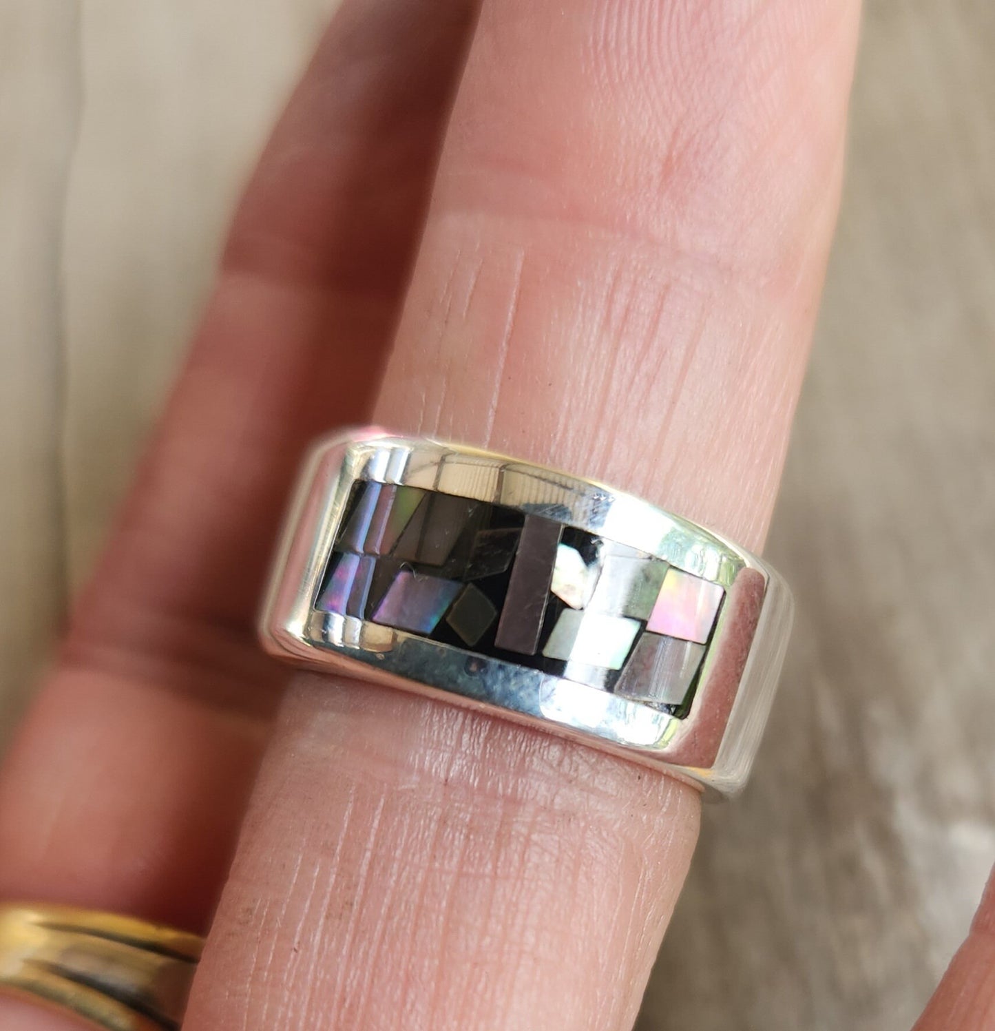 Silver mosaic ring,shell inlay,sterling silver,mother of pearl and oyster shell inlay,boho, goddess ring,new age,shell band,ring,gypsy,