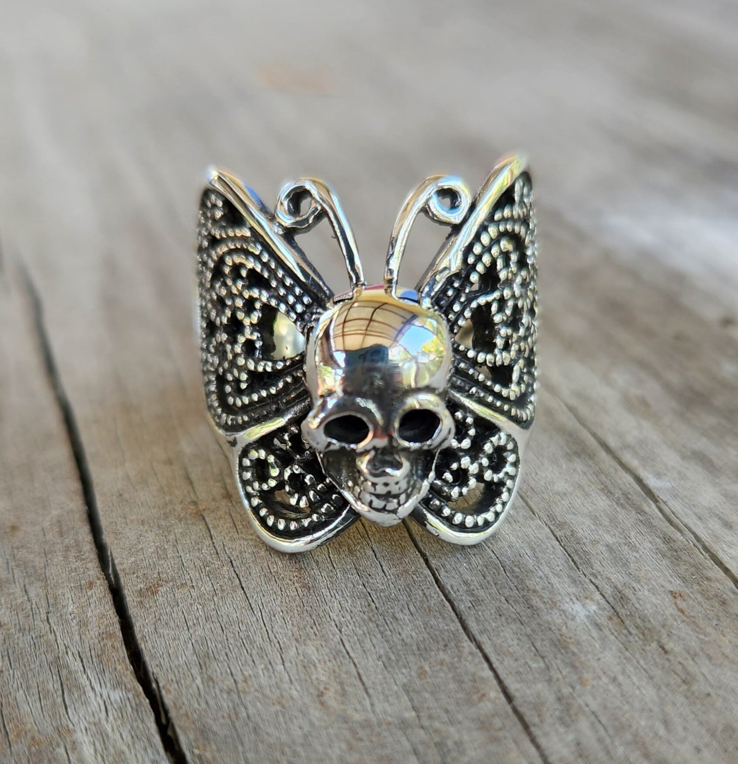 skull butterfly ring,sterling silver,filegree,large butterfly ring,handmade,womens skull ring,rockabilly,steampunk gothic,grunge,boho,gypsy,