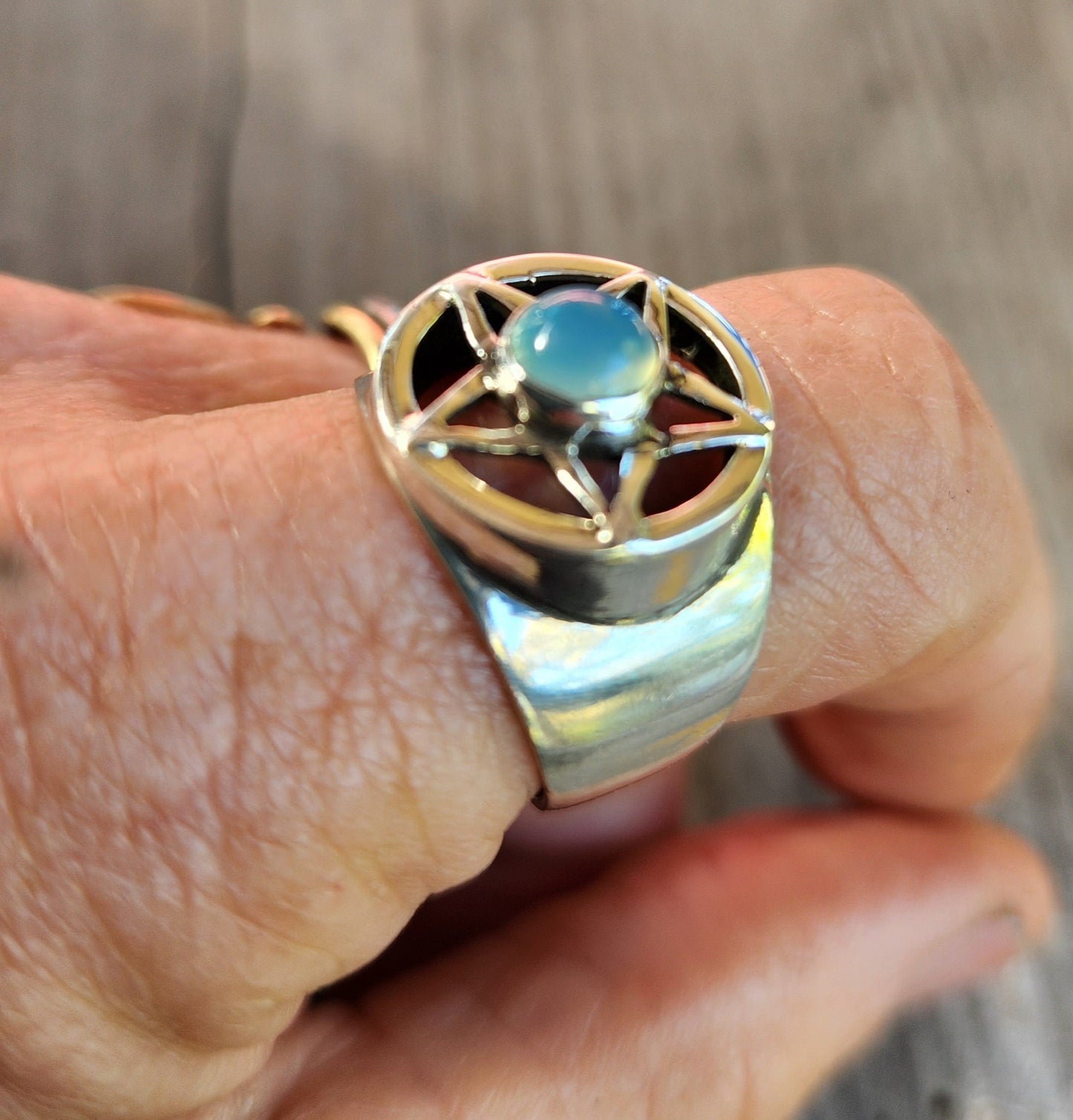 Pentagram ring,sterling silver,blue chalcedony star,occult,wiccan,witch,wizard,magic,binding,druid,boho,goth,handmade,