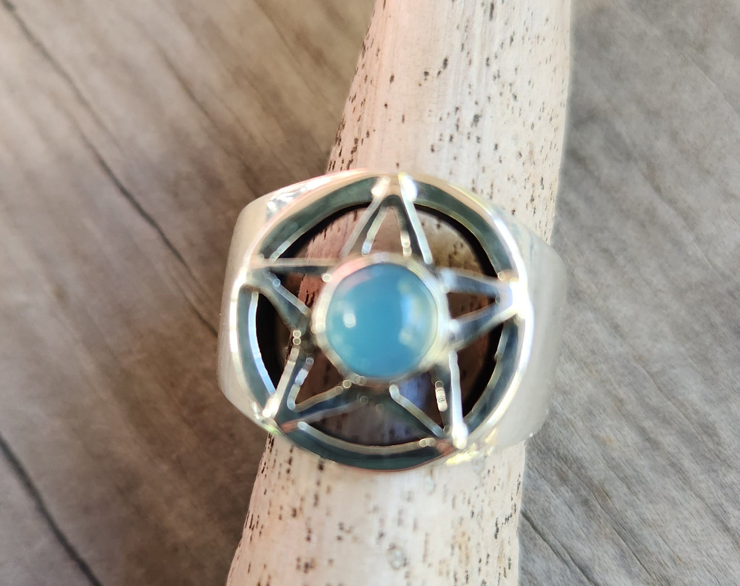 Pentagram ring,sterling silver,blue chalcedony star,occult,wiccan,witch,wizard,magic,binding,druid,boho,goth,handmade,