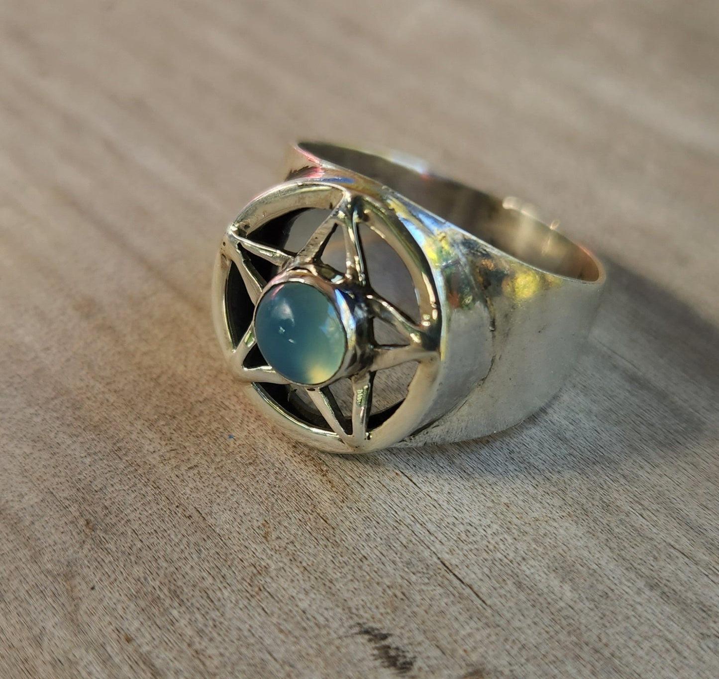 Pentagram ring,sterling silver,blue chalcedony star,occult,wiccan,witch,wizard,magic,binding,druid,boho,goth,handmade,