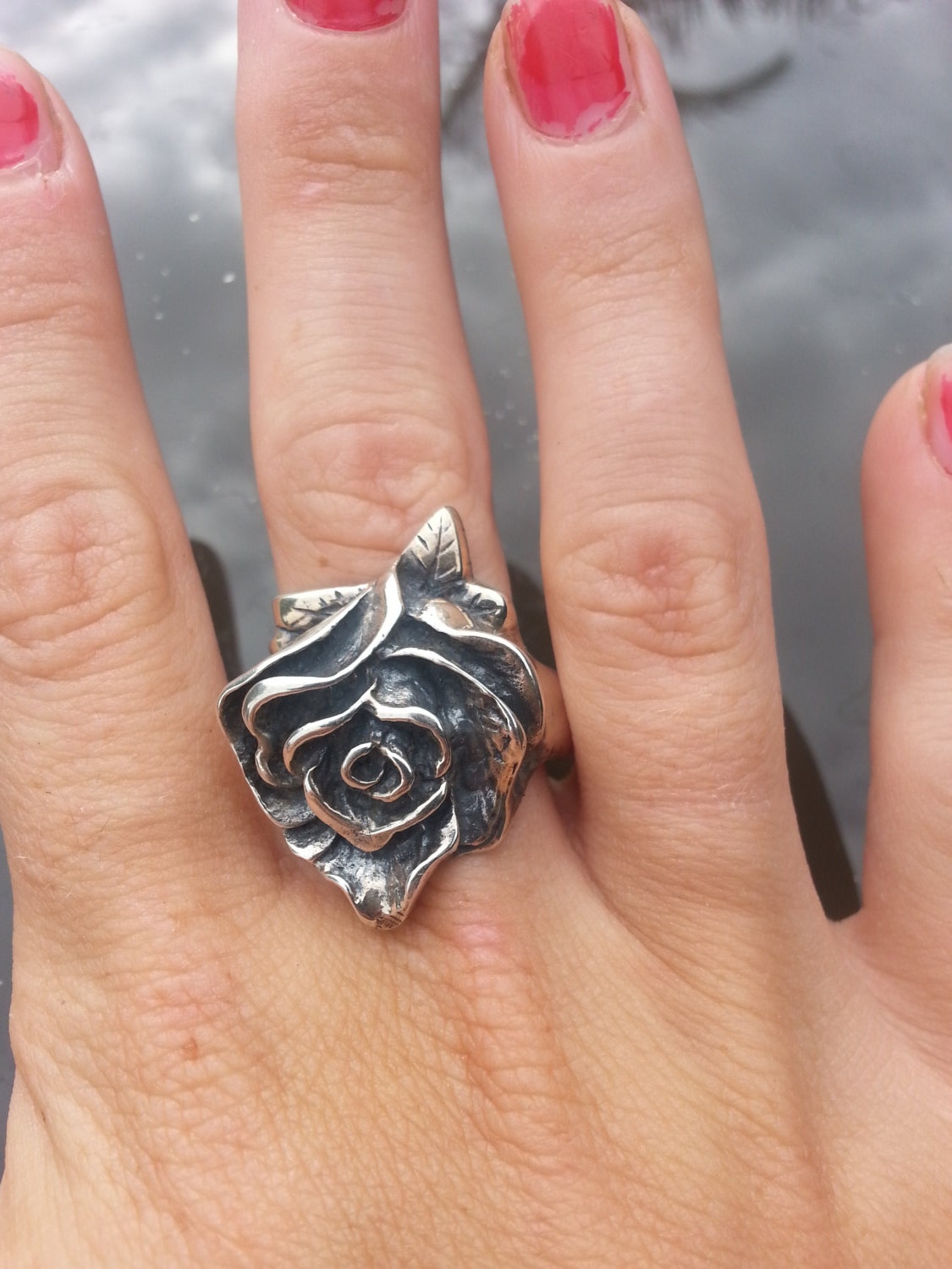 Large antique style, rose ring, alternative,steampunk, gothic, art nouveau,victorian, Sterling silver,hand made,flower,rockabilly,boho ring