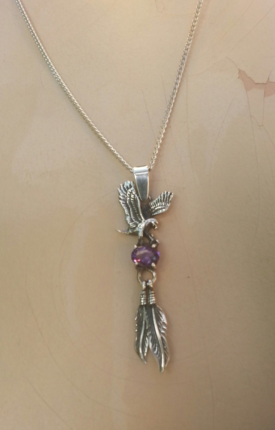 Eagle feather amethyst pendant sterling silver biker steampunk gothic punk victorian gypsy hippy boho