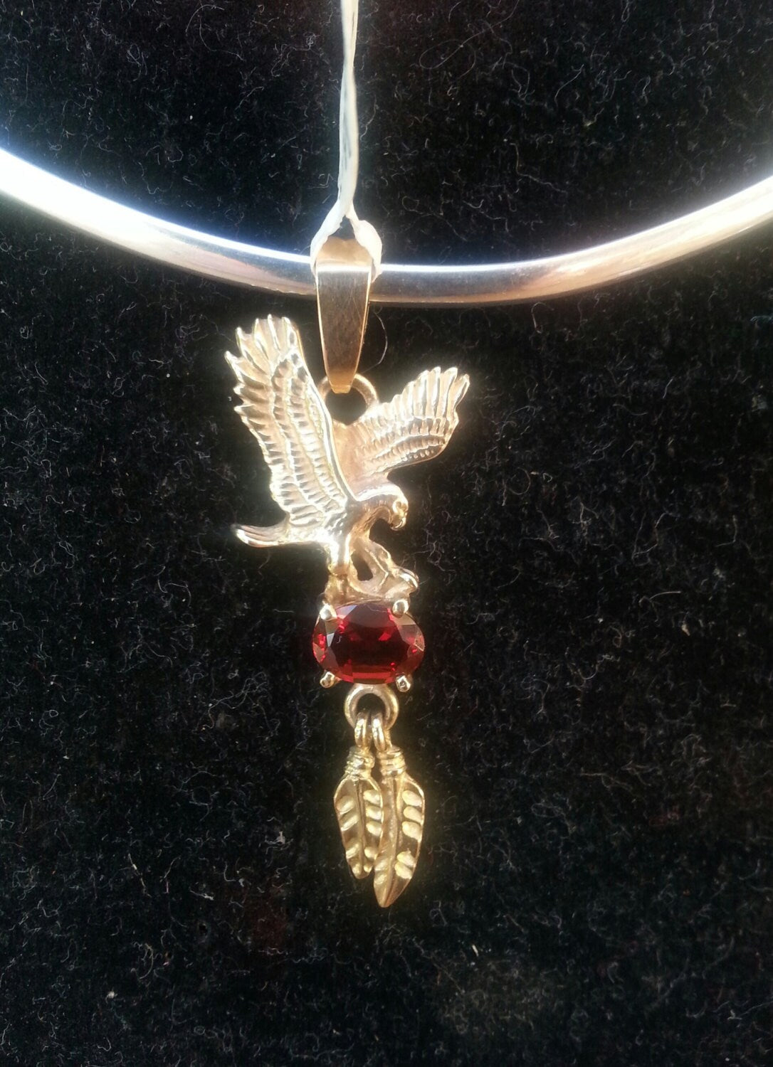 RESERVED Eagle feather garnet gold pendant indian steampunk biker gothic punk victorian gypsy hippy boho