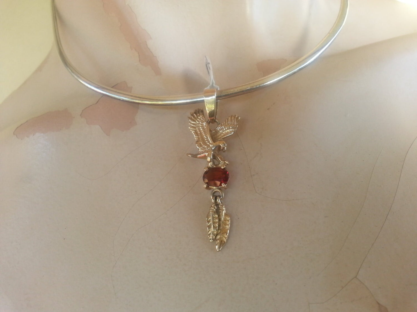 RESERVED Eagle feather garnet gold pendant indian steampunk biker gothic punk victorian gypsy hippy boho