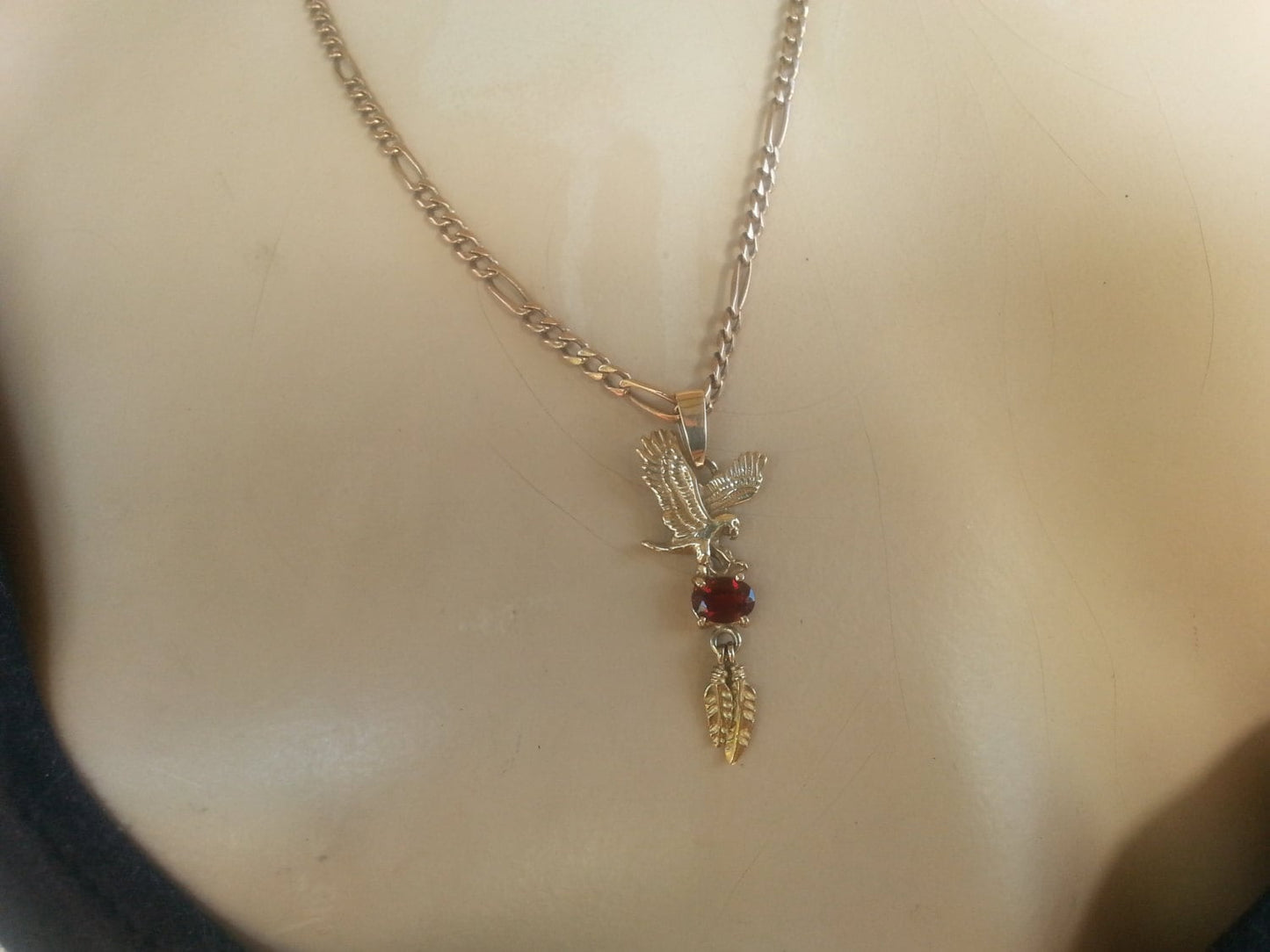 RESERVED Eagle feather garnet gold pendant indian steampunk biker gothic punk victorian gypsy hippy boho