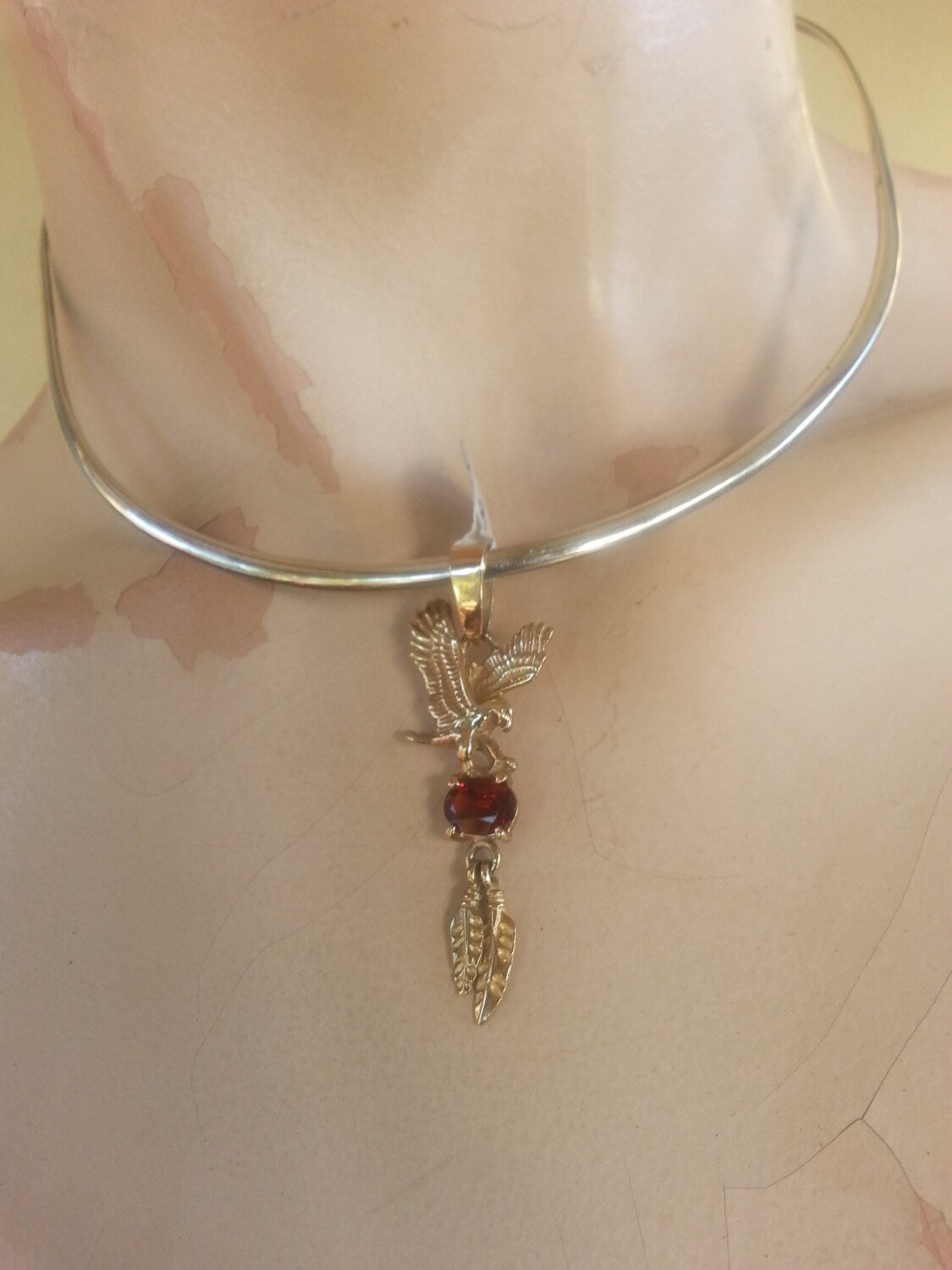 RESERVED Eagle feather garnet gold pendant indian steampunk biker gothic punk victorian gypsy hippy boho