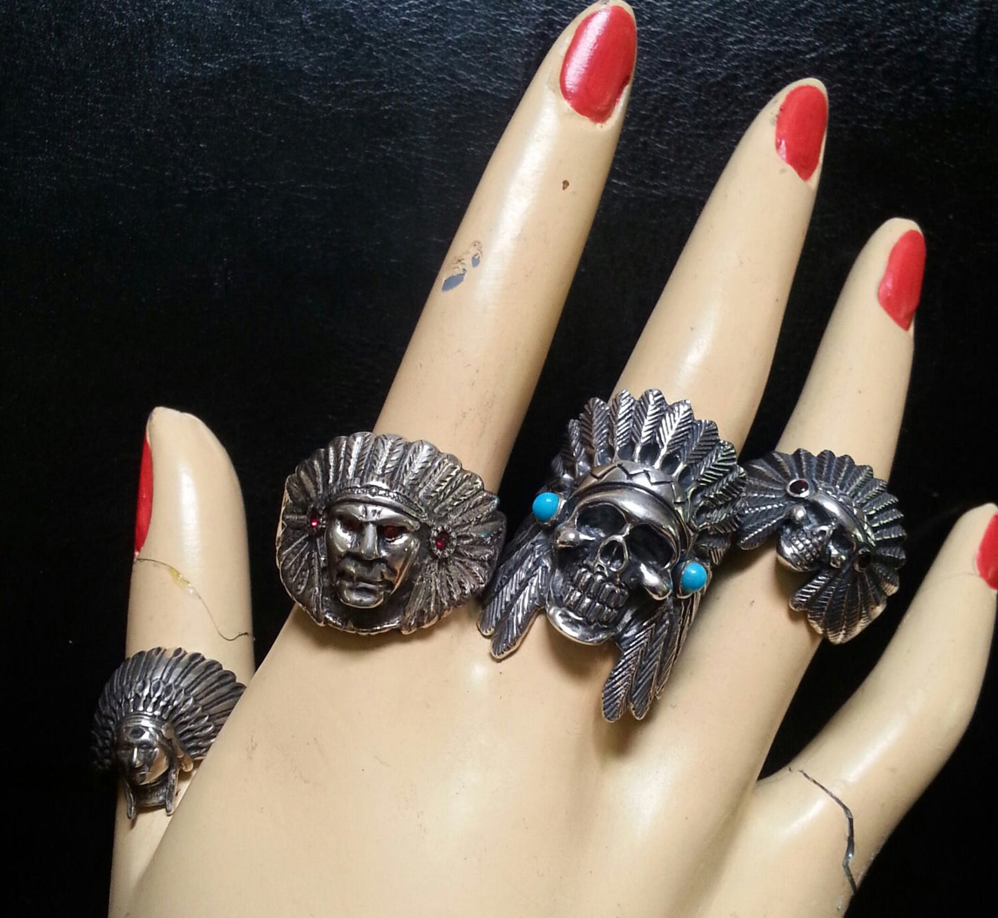 Large indian chief skull ring tribal sterling silver gothic punk