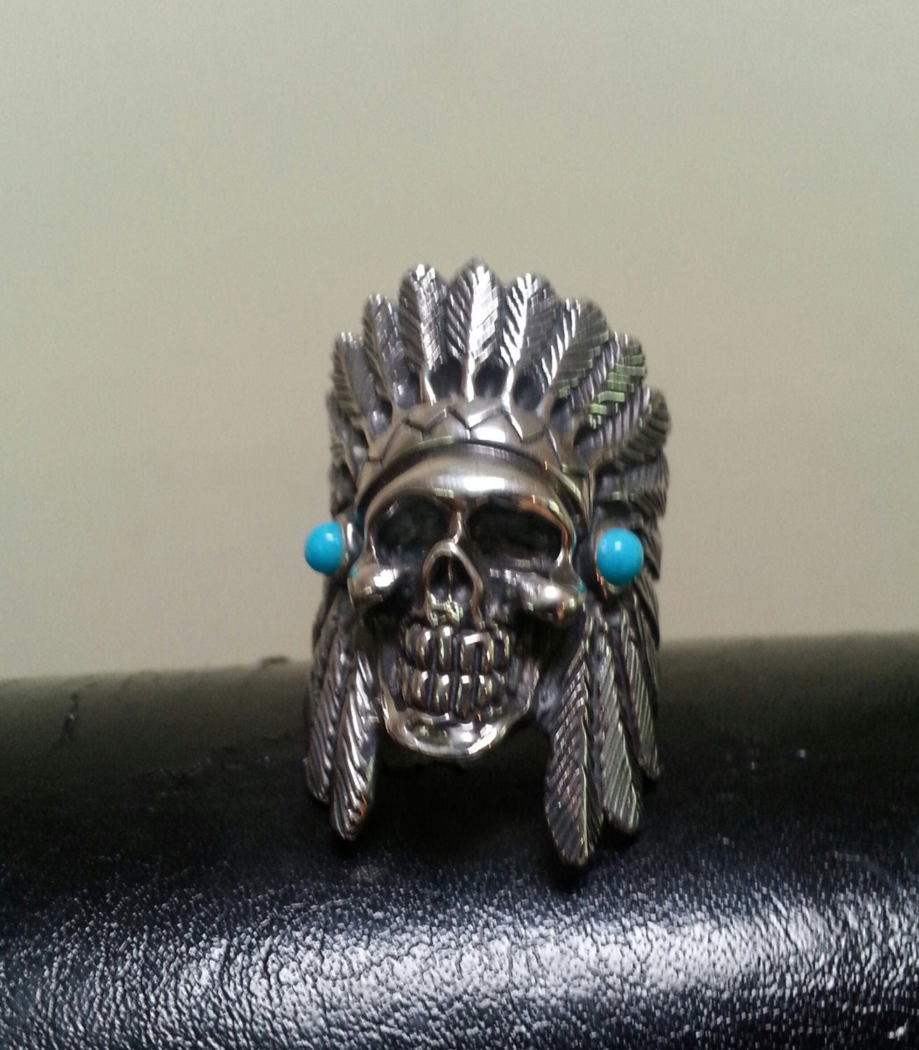 Turquoise ring, indian chief ring, skull ring, tribal, sterling silver, gothic ,punk,navijo,feather,boho,gypsy,handmade,mens fashion,