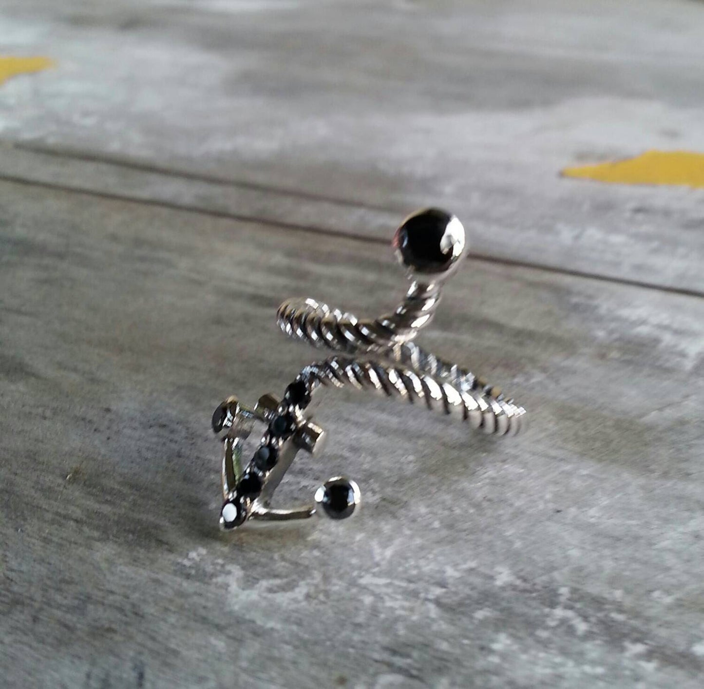 anchor ring,black cz,sterling silver, nautical,sailor wedding,rockabilly,adjustable long ring