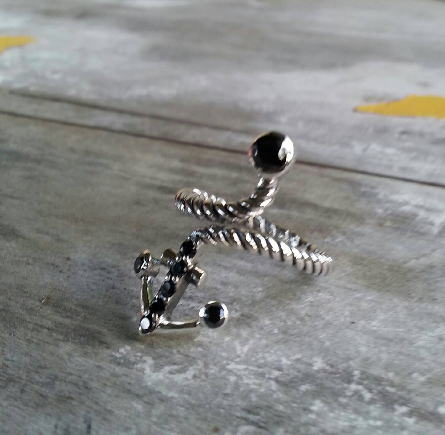 anchor ring,sterling silver,handmade,adjustable,cubic zirconia,cz,nautical, sailor wedding, rockabilly,long silver ring