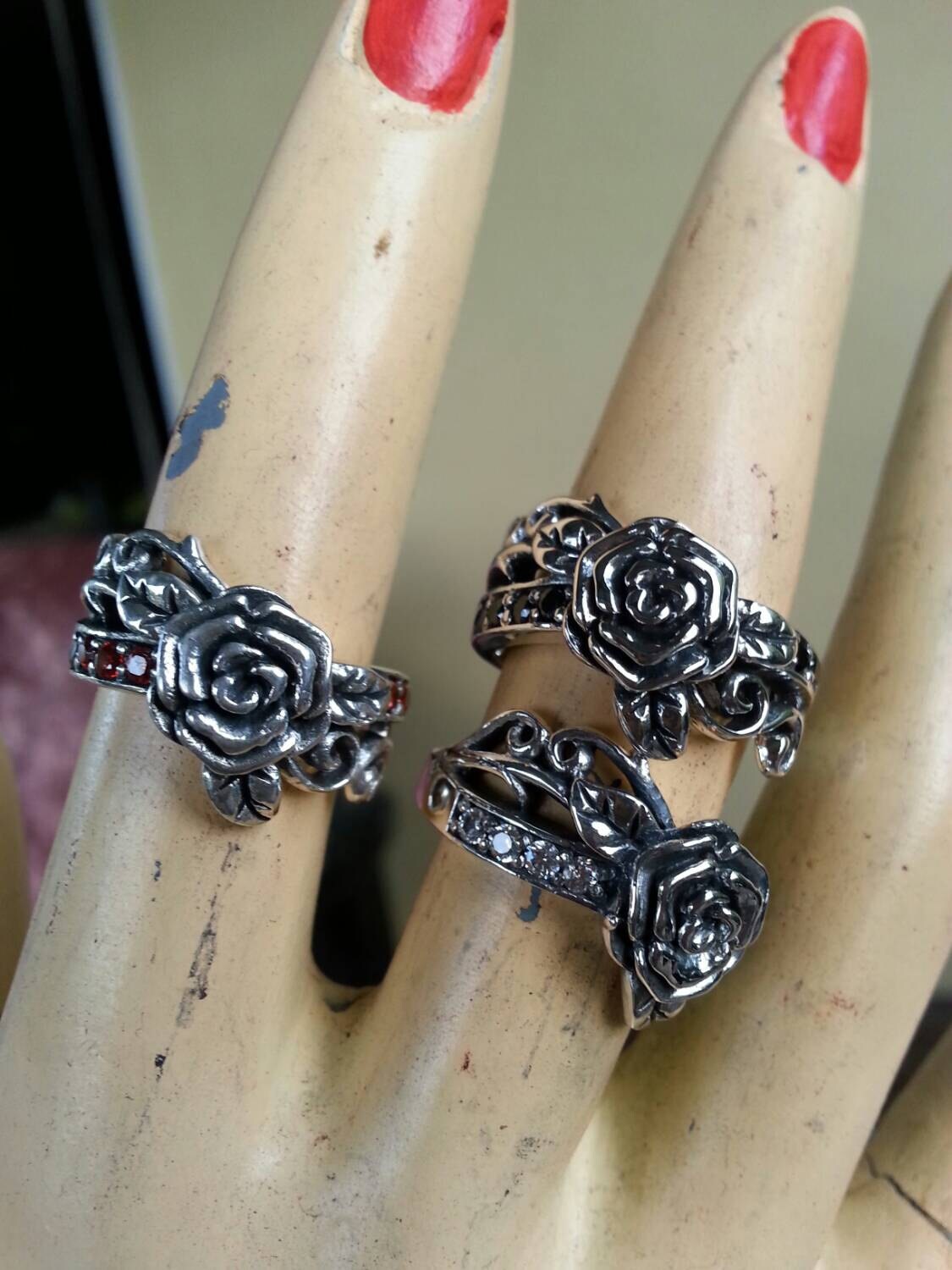 rose ring,Sterling silver,white stones,cz,steampunk, gothic, art nouveau,gypsy, victorian,vintage,rockabilly,hand made,vines,flower,wedding,