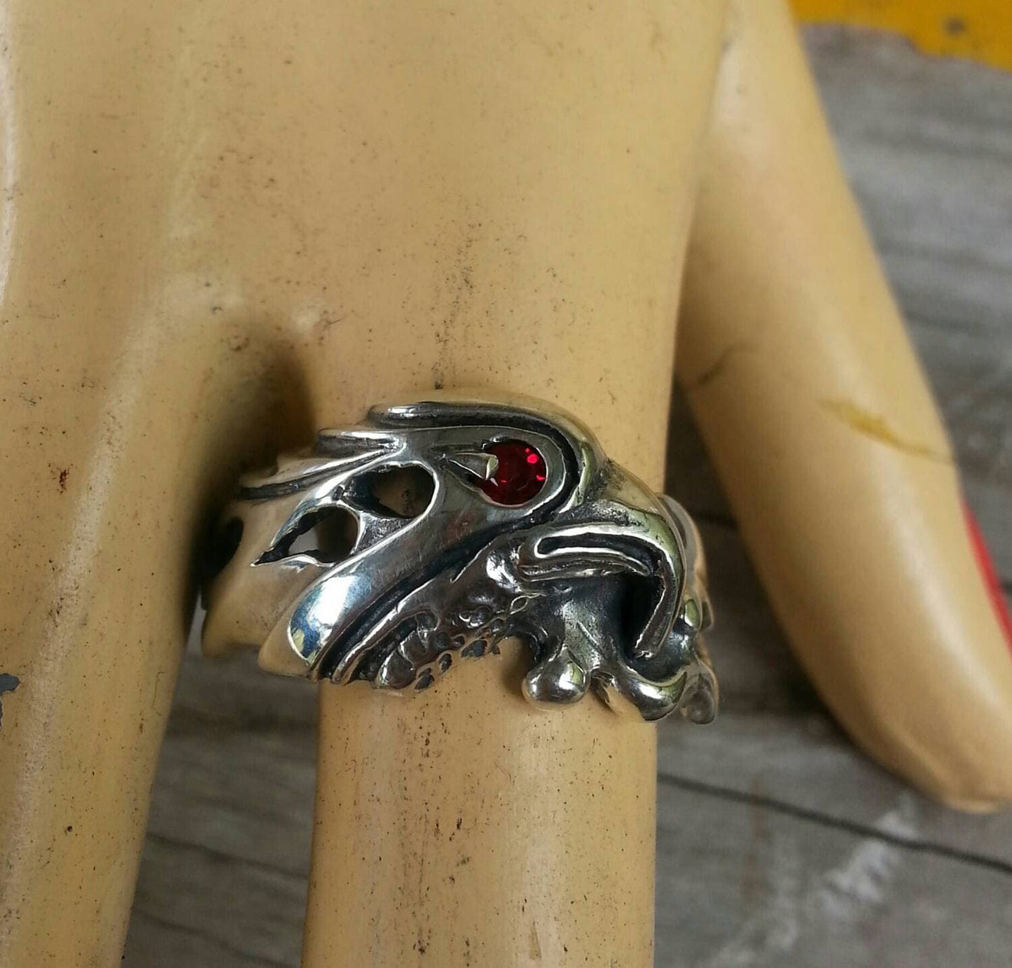 Eagle ring,sterling silver,garnet ring,bird head,red stone m,tribal,indian,cowboy,country and western,Phoenix,hawk,mans ring