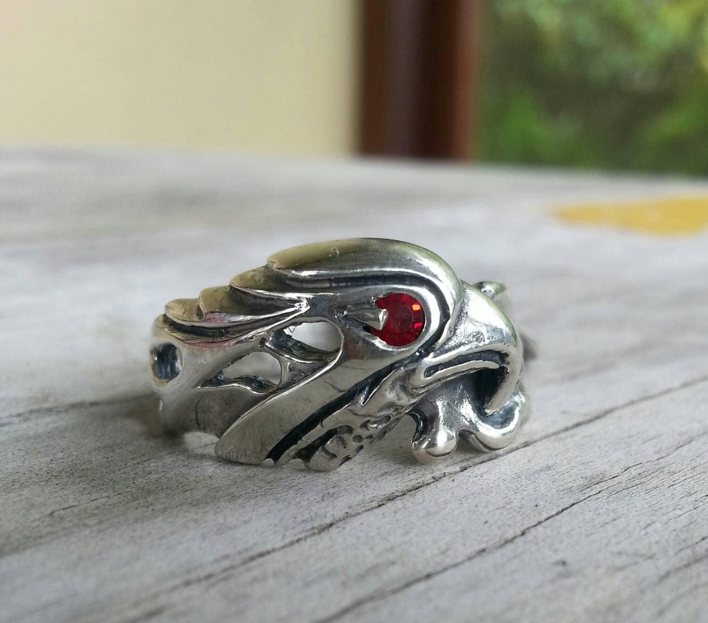 Eagle ring,sterling silver,garnet ring,bird head,red stone m,tribal,indian,cowboy,country and western,Phoenix,hawk,mans ring