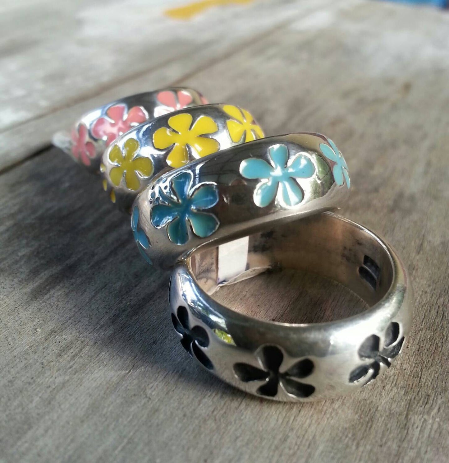 Surf ring,925 sterling silver band,Hawaii,blue Hibiscis flower ring,frangipani, surfer girl ring,flower, ring,boho,gypsy,silver band,wedding,hand made