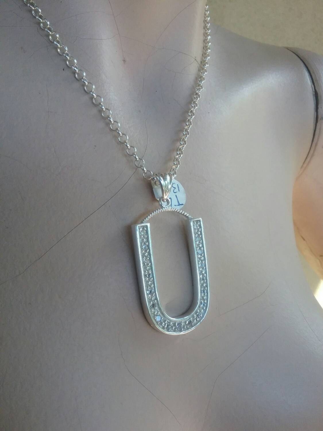 Large letter U Alphabet bling pendant gangster necklace sterling silver
