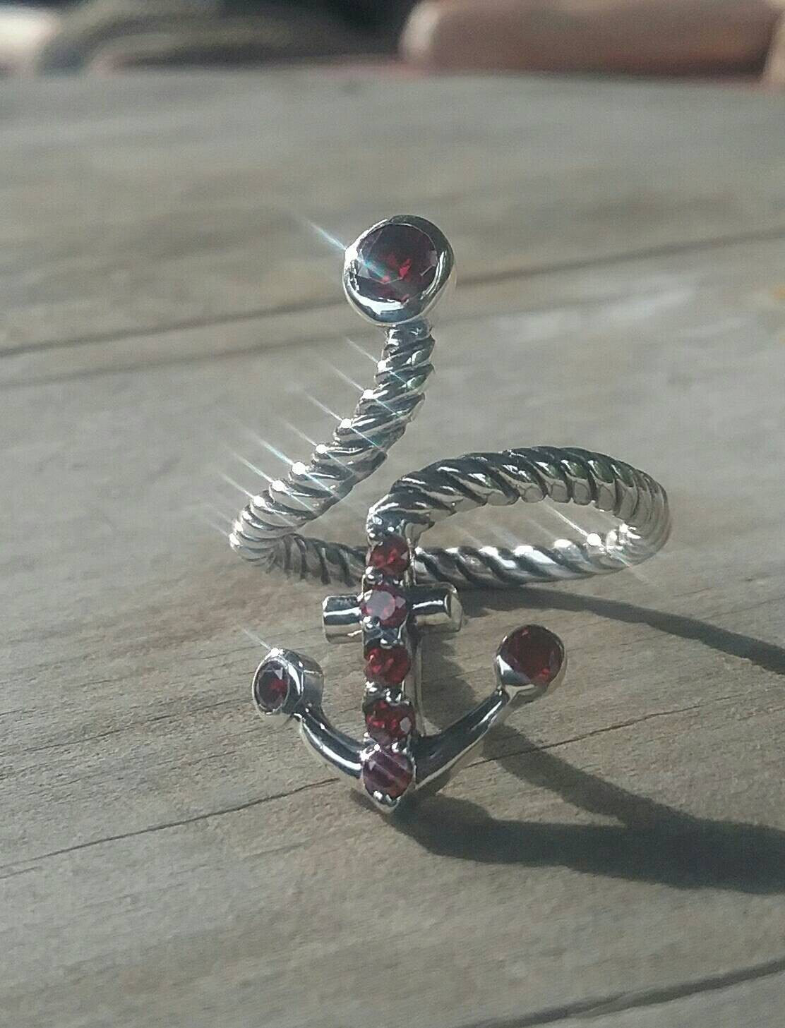 anchor ring,garnet,sterling silver,handmade,adjustable, nautical,sailor wedding, rockabilly,long ring,