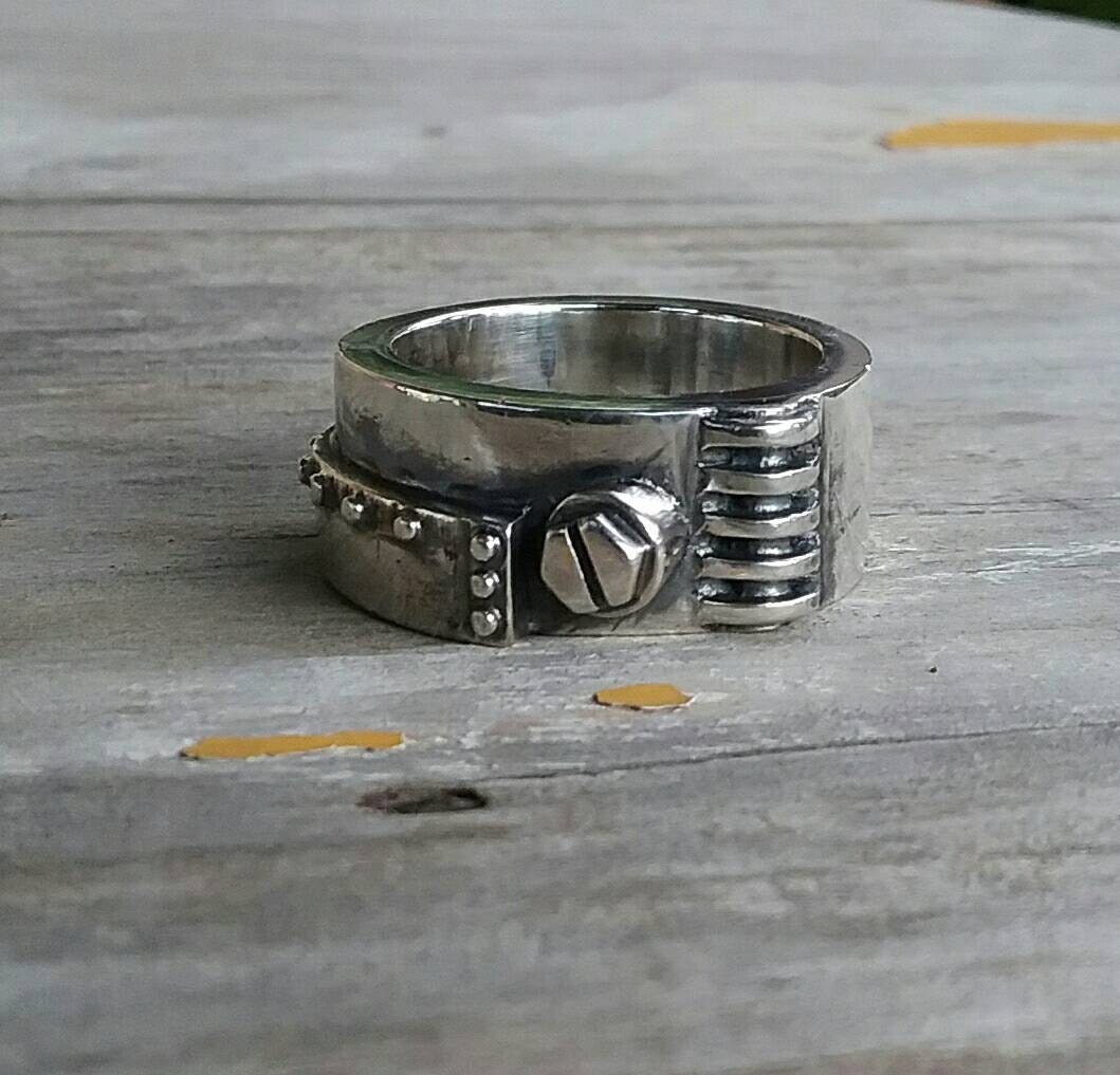 Chunky Mechanical ring,industrial,mans sterling silver,steampunk ring,heavy modern ring,rustic,wedding band