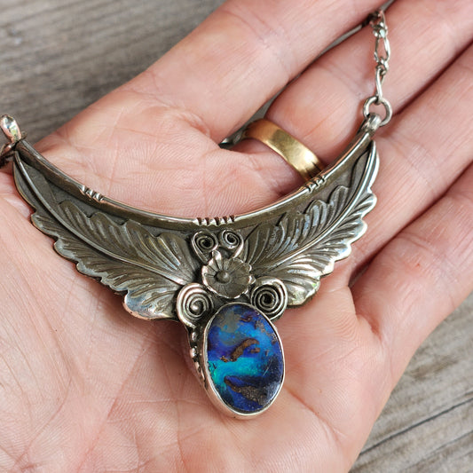 Large opal sterling silver necklace, large silver choker,opal pendant