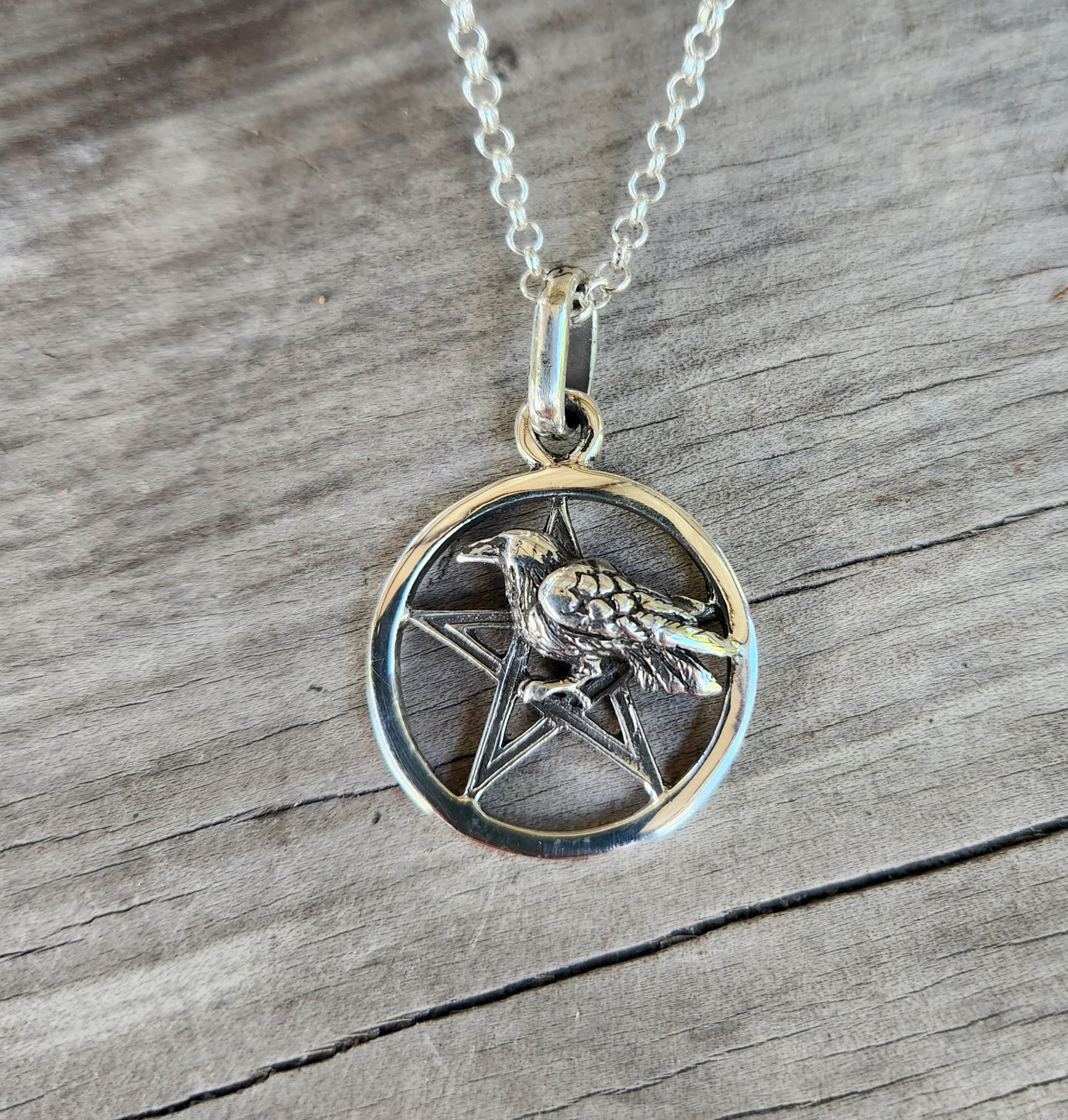 Raven Pentagram pendant,sterling silver,crow, bird,occult wiccan,witch ,magic,druid,goth