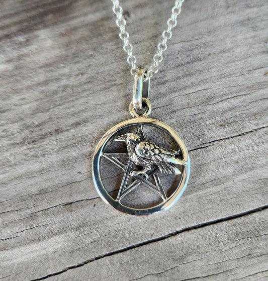 Raven Pentagram pendant,sterling silver,crow, bird,occult wiccan,witch ,magic,druid,goth