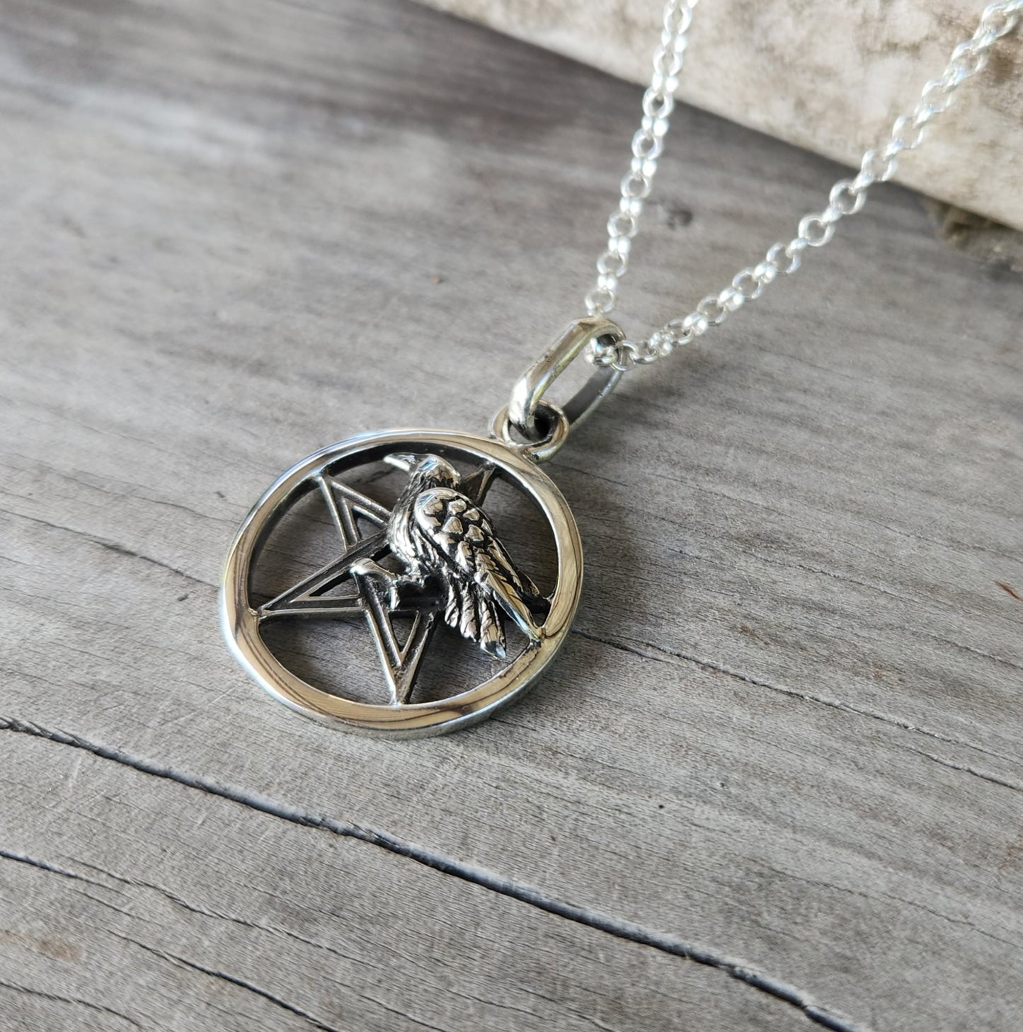 Raven Pentagram pendant,sterling silver,crow, bird,occult wiccan,witch ,magic,druid,goth