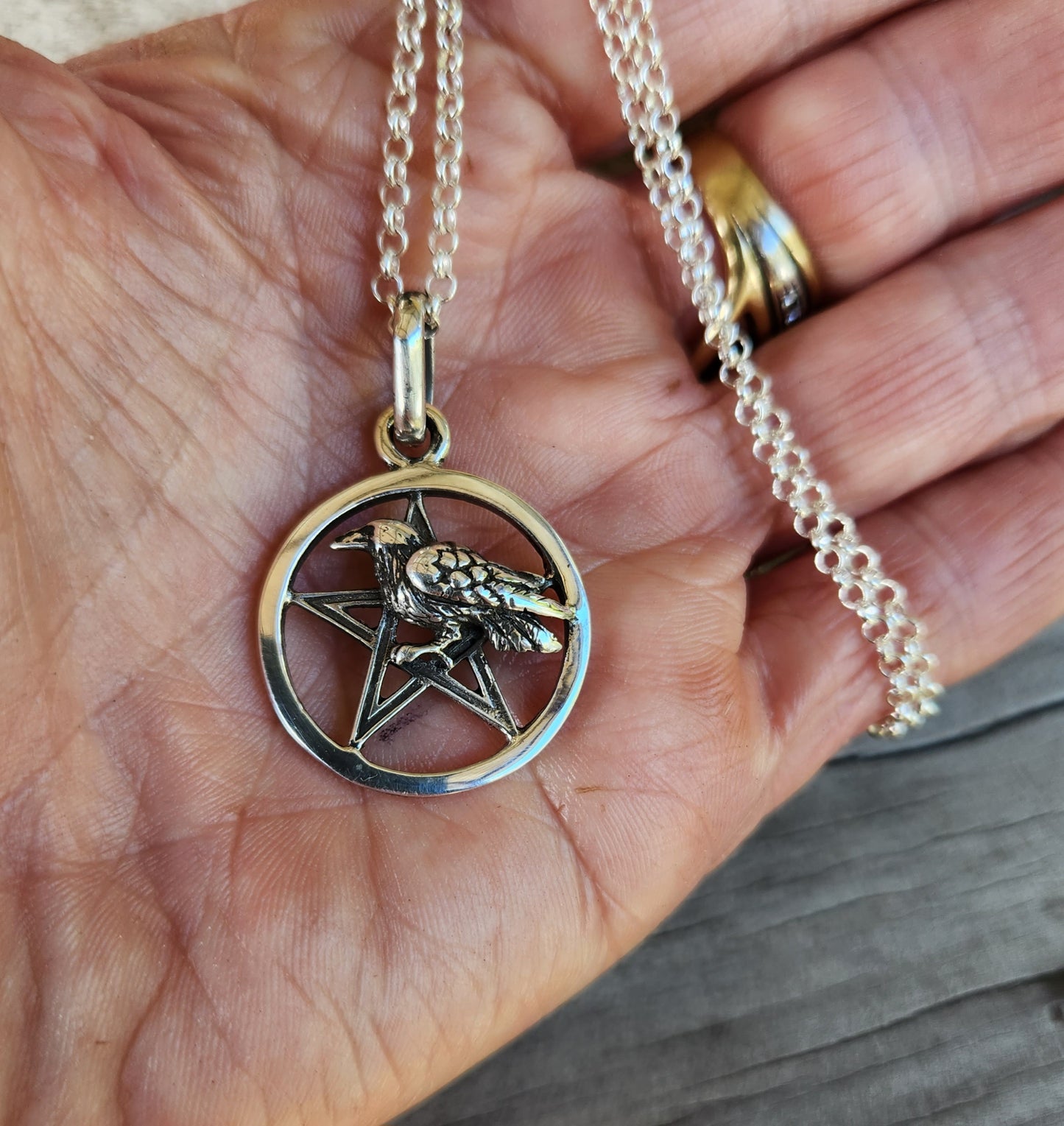 Raven Pentagram pendant,sterling silver,crow, bird,occult wiccan,witch ,magic,druid,goth