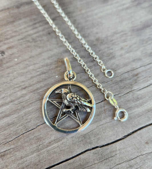 Raven pentagram pendant, sterling silver
