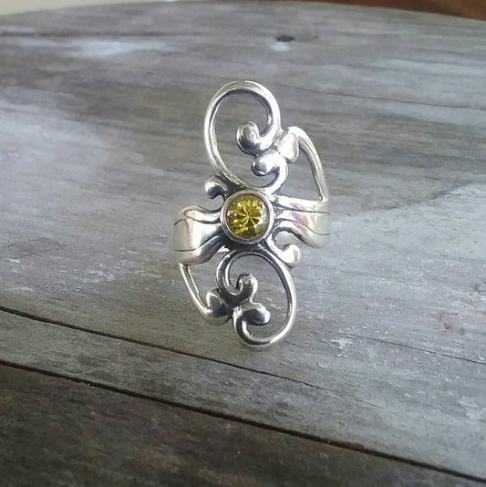 Long  plain swirl ring,925 sterling silver,yellow cubic zirconia,scroll curved ring,goddess,new age, art nouveau,boho,gypsy,handmade
