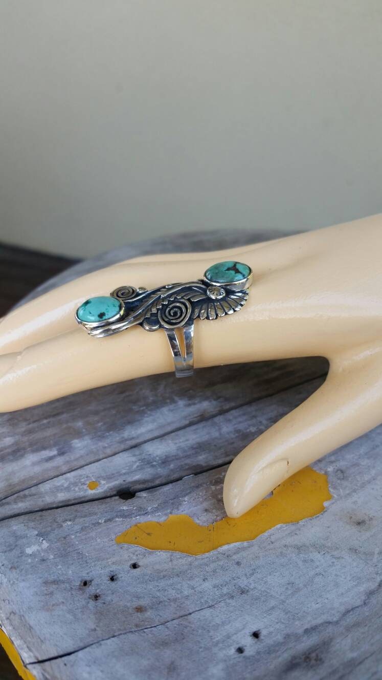 turquoise ring,925 sterling silver,long handmade silver ring,natural turquoise stones,scroll leaf,alternative goddess, art nouveau
