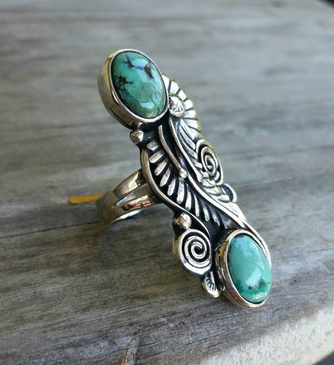 turquoise ring,925 sterling silver,long handmade silver ring,natural turquoise stones,scroll leaf,alternative goddess, art nouveau