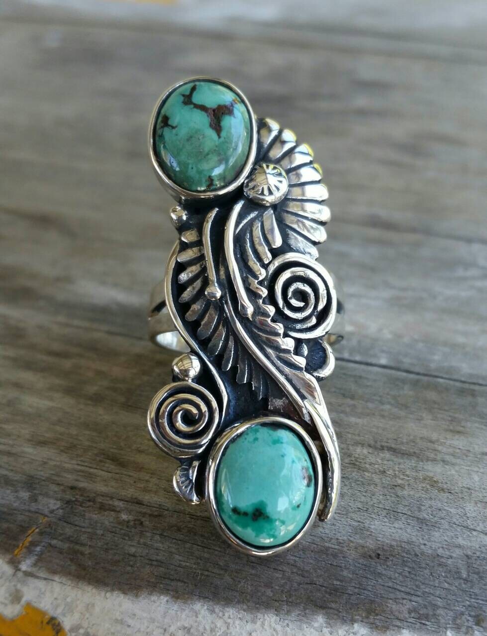 turquoise ring,925 sterling silver,long handmade silver ring,natural turquoise stones,scroll leaf,alternative goddess, art nouveau