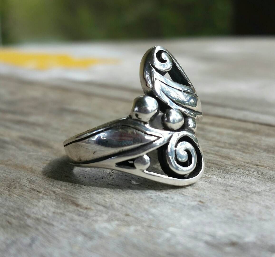 Long silver ring,sterling silver,scroll,swirl ring ,boho, alternative steampunk gothic art nouveau