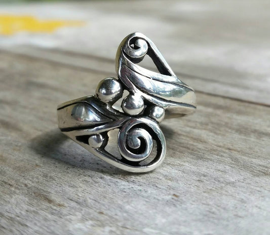 Long silver ring,sterling silver,scroll,swirl ring ,boho, alternative steampunk gothic art nouveau