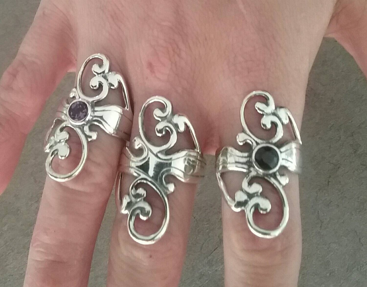 Long  plain swirl ring,925 sterling silver,yellow cubic zirconia,scroll curved ring,goddess,new age, art nouveau,boho,gypsy,handmade
