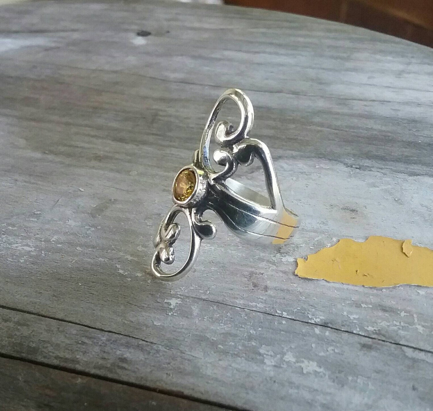 Long  plain swirl ring,925 sterling silver,yellow cubic zirconia,scroll curved ring,goddess,new age, art nouveau,boho,gypsy,handmade