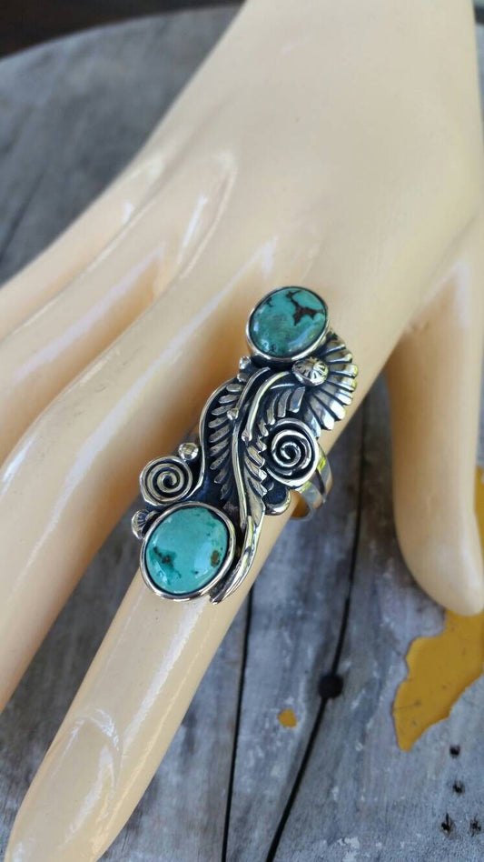 turquoise ring,925 sterling silver,long handmade silver ring,natural turquoise stones,scroll leaf,alternative goddess, art nouveau